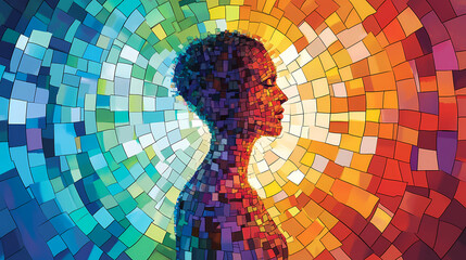 Personality a person in the center of a colorful mosaic each tile featuring a unique trait that makes up their personality. art concept. ai generation. Mosaic. Illustration