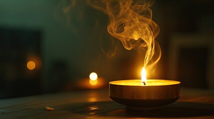 Incense smoke spiraling upwards, illuminated by flickering candlelight on a dimly lit table