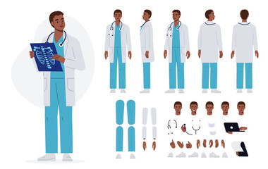 Male doctor surgeon, radiologist in hospital. Character constructor for animation. Front, side and back view set. Body parts, postures, poses collection. Vector illustration.