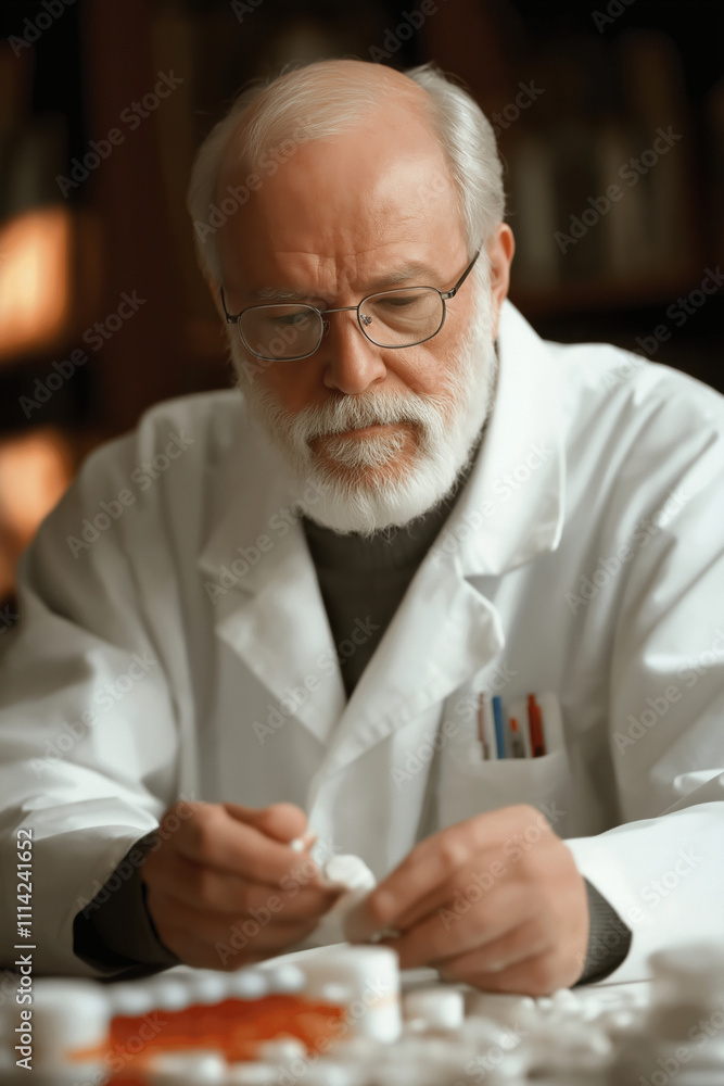 Poster experienced scientist examines samples in laboratory with focused attention and precision