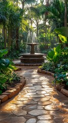 Serene garden path with fountain in lush tropical setting