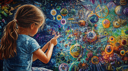 The mosaic is a celebration of science and imagination pushing the boundaries of human understanding through art. Mosaic. Illustration