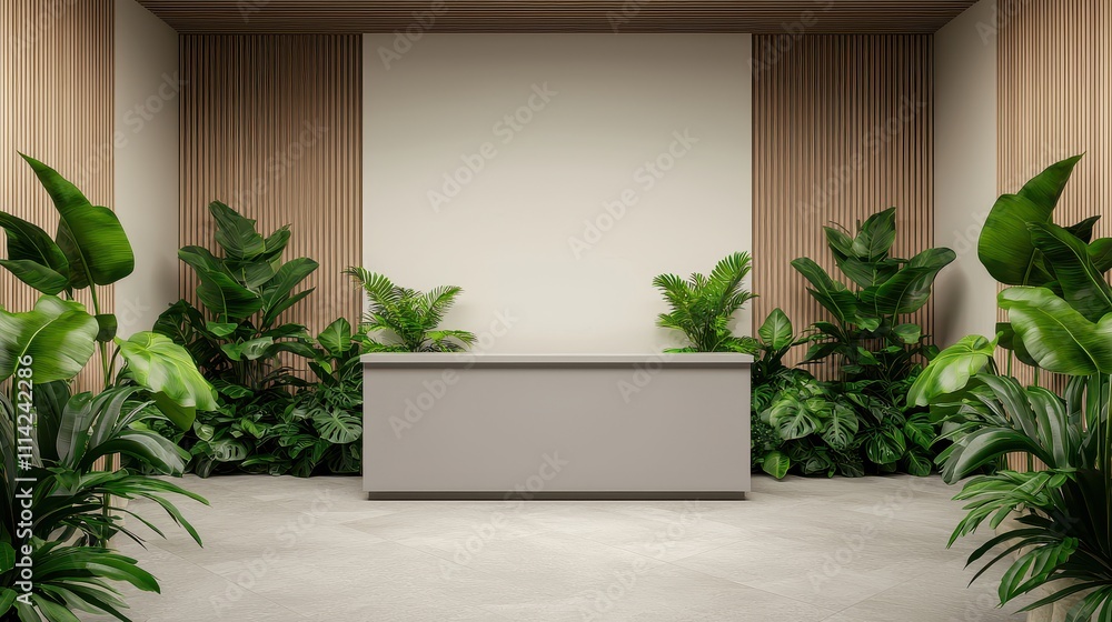 Poster 3d rendering register concept, eco-friendly reception area surrounded by lush greenery for modern re