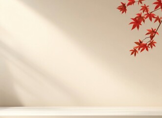 Autumnal Maple Leaves on Beige Wall Background
