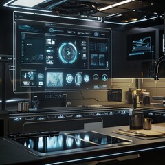 Fototapeta premium Futuristic kitchen with high-tech interfaces and sleek design, blending modern aesthetics with advanced technology.