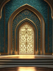 Islamic display podium decoration background with mosque window door, ramadan kareem, mawlid, iftar, isra miraj, eid al fitr adha, muharram, 3D illustration. 
