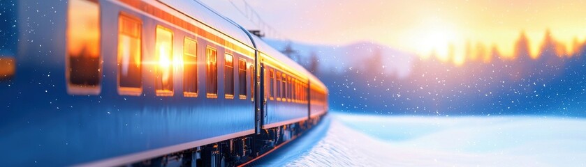 Fototapeta premium Wide winter banner. Train traveling through a snowy landscape at sunset.
