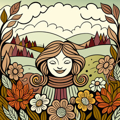 Beautiful women happy in nature between flower field in autumn