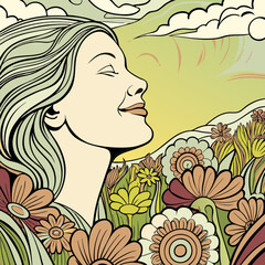 Beautiful women happy in nature between flower field