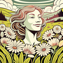 Beautiful women happy in nature between flower field