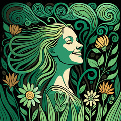 Beautiful women happy in nature between flower field