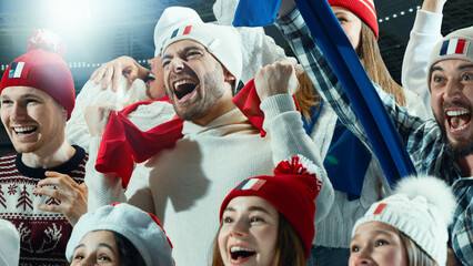 Diverse group of sports fans, men and women with national flags and accessories, expressing excitement and team pride during game in snowy stadium. Concept of sport, game, competition, emotions
