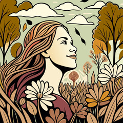 Beautiful women happy in nature between flower field in autumn