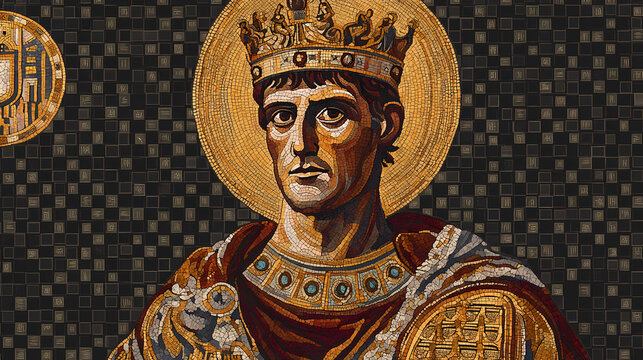 Vibrant byzantine art mosaic of justinian i, isolated on a transparent background, showcasing intricate gold and glass tiles, ornate borders, and regal imperial symbols. Mosaic. Illustration