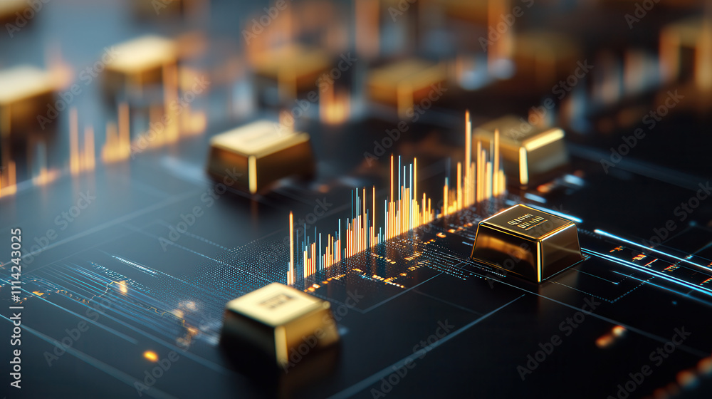 Poster futuristic digital interface with gold bars and fluctuating data visualizations