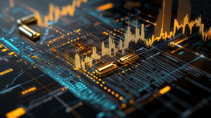 digital interface with gold bars and fluctuating graphs, representing financial data and market analysis
