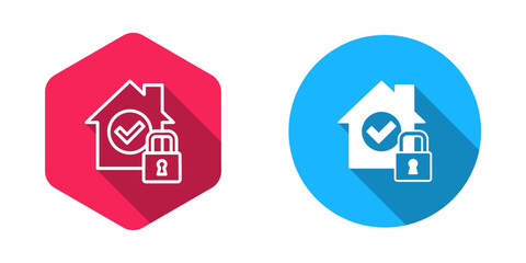 Filled and outline House under protection icon isolated with long shadow background. Home and lock. Protection, safety, security, protect, defense concept. Vector