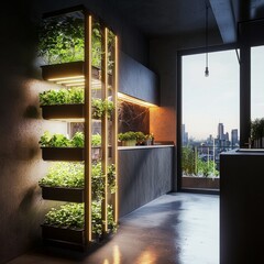 A modern kitchen featuring a vertical garden with lush greenery against sleek grey and warm wood tones.