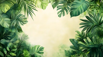 Tropical foliage background with lush green leaves and subtle textures Ideal for nature themed designs and botanical illustrations, creating a vibrant atmosphere