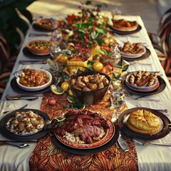 Obraz premium A vibrant and festive dining table set with a variety of delicious dishes, showcasing a celebration of flavors.