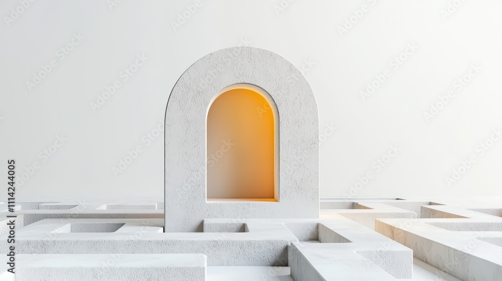 Poster a minimalist archway in a maze, illuminated from within, symbolizes pathways and exploration in a se