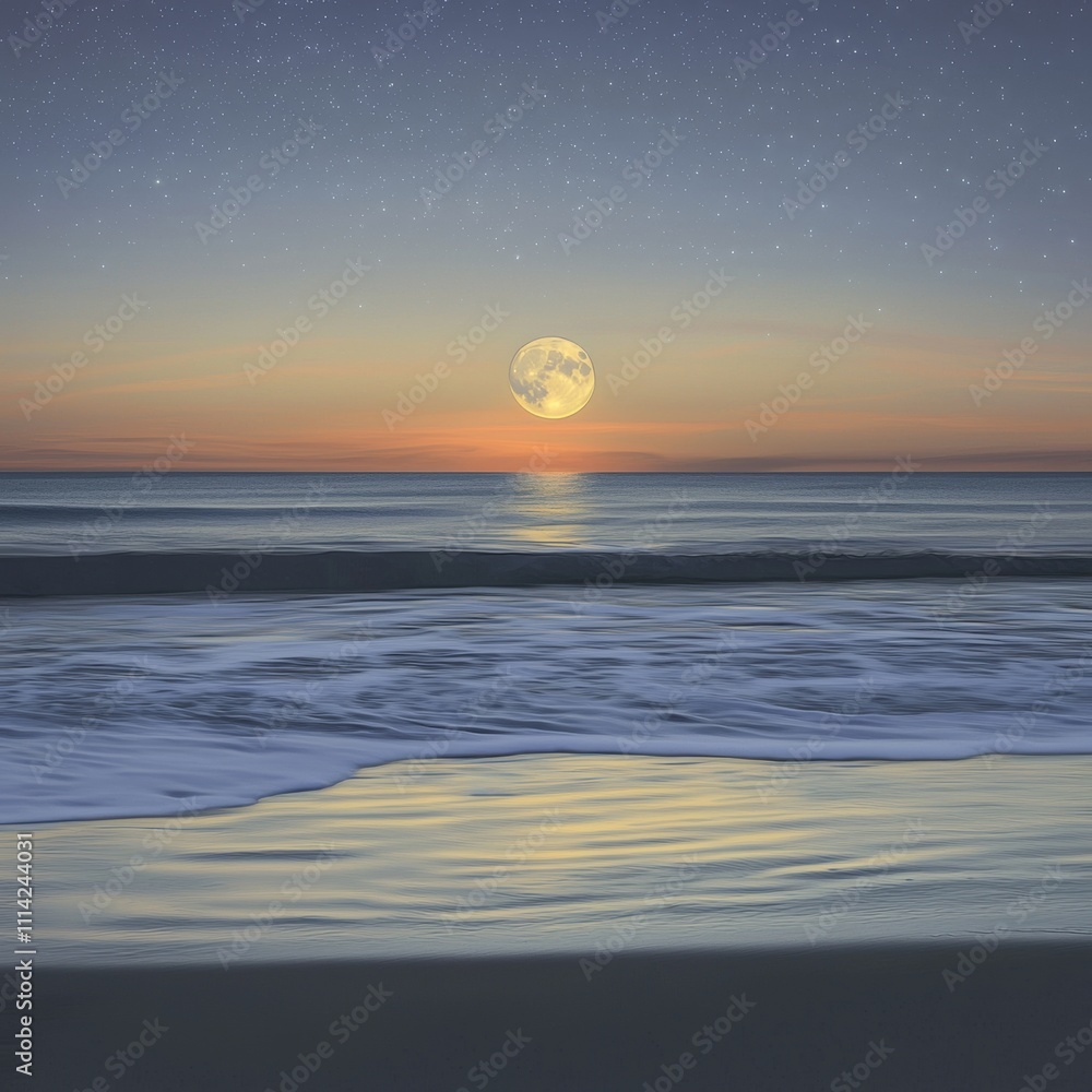 Poster a serene twilight scene of the ocean illuminated by a full moon, creating a tranquil atmosphere with