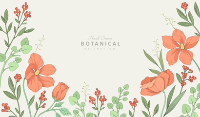 Retro colorful floral art with detailed various flowers and foliage, intricate details and delicate forms. Elegant botanical background or invitation card. Hand drawn vector illustration © merfin