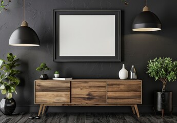A black wall with a wooden console table. a framed blank canvas and two pendant lights