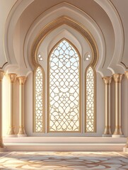 Fototapeta premium Islamic display podium decoration background with mosque window door, ramadan kareem, mawlid, iftar, isra miraj, eid al fitr adha, muharram, 3D illustration. 