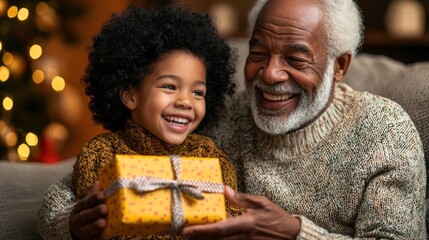 Generations of Joy: Child Giving Christmas Gift to Smiling Grandparent in Festive Living Room
