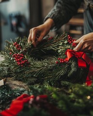Close-up of a woman crafting a festive Christmas wreath adorned with red berries and a bright ribbon.