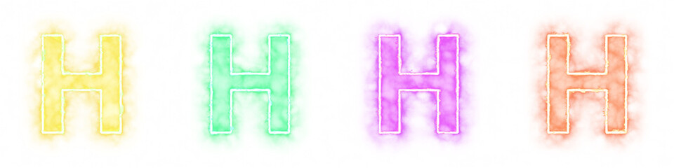 Set of 4 letter H with fire and smoke effects isolated on a transparent background. Transparent elements for graphic design.