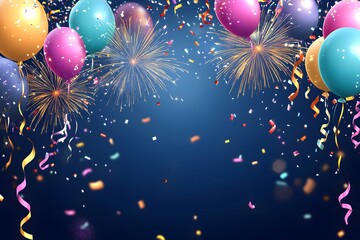 Festive balloons, fireworks, confetti on blue.