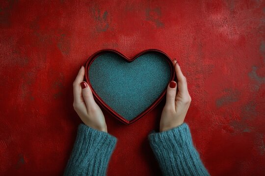 Hands holding a red heart shaped box over a textured red background in soft light