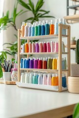 Colorful Spools of Thread Organized Neatly on a Wooden Rack with Green Plants and Workspace in the Background for Creative and Crafting Enthusiasts