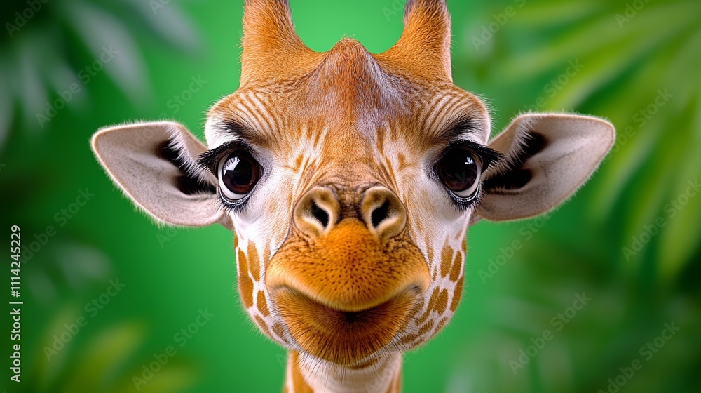 Poster giraffe with its head turned to the side and its mouth open. the giraffe is looking at the camera an