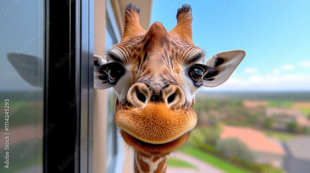 Aufkleber giraffe is looking out of a window with its mouth open. the giraffe appears to be smiling and is loo