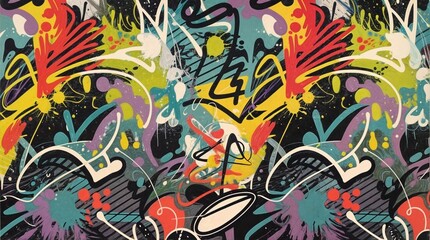 Obraz premium Seamless background featuring a colorful abstract graffiti art pattern with a mix of spray paint splatters, street style doodles and urban artistic expressions.
