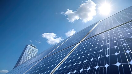 Low-angle view of solar panels against a bright blue sky with a skyscraper in the background.