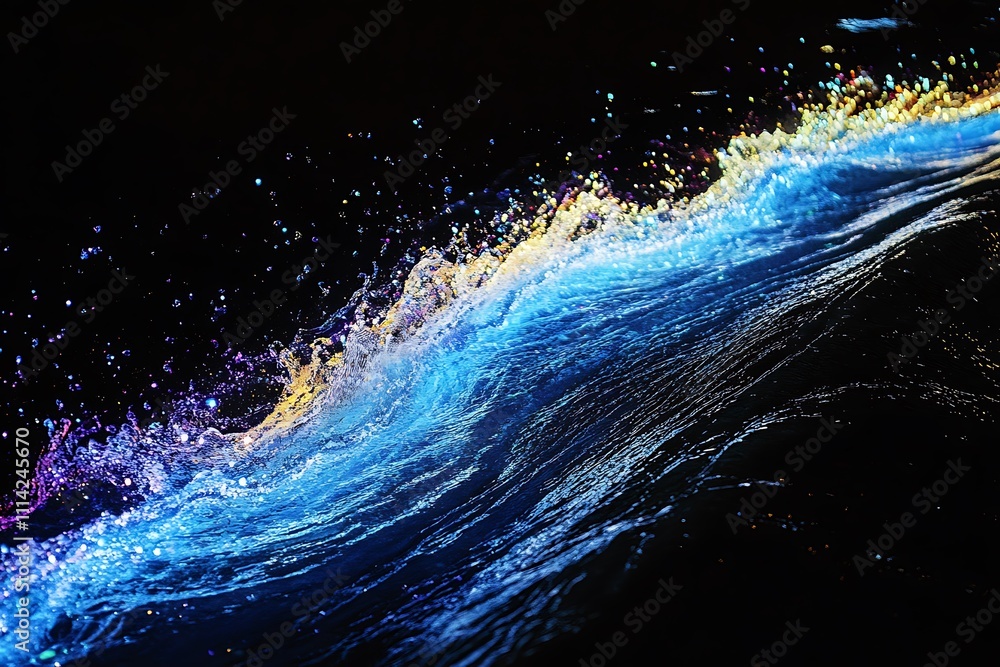 Poster abstract wave of colorful particles on black background.