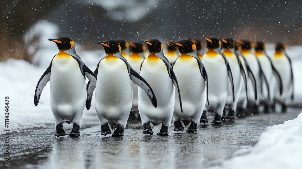 Poster group of penguins walking in a line on a snowy road. concept of unity and togetherness among the pen