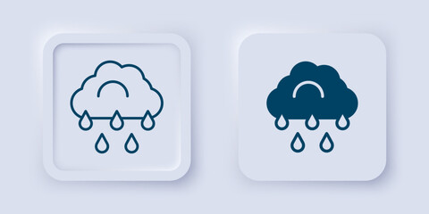 Filled and outline Cloud with rain icon isolated on grey background. Rain cloud precipitation with rain drops. Square button. Vector
