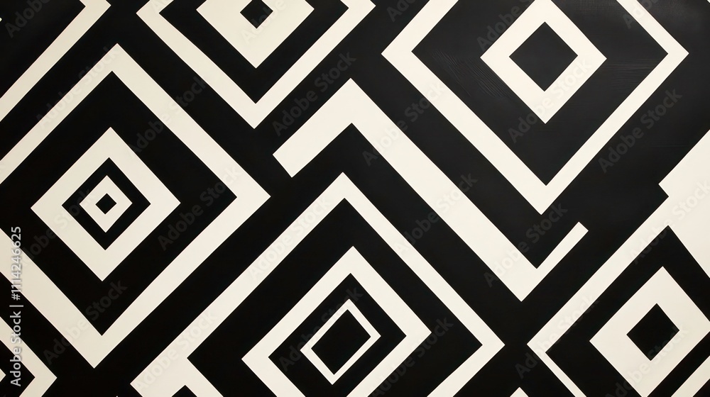 Poster abstract black and white geometric pattern with overlapping squares and diamonds.