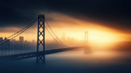 Fototapeta premium golden bridge stretches into glowing sunrise, connecting city skyline shrouded in mist