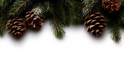 Naklejka premium Festive fir branches and pine cones border on white.