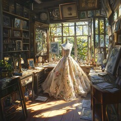Naklejka premium A stunning vintage-style dress on a mannequin amidst an artist's cluttered studio, surrounded by natural light.