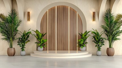 Futuristic round podium design with greenery minimalist space architectural showcase modern environment elegant viewpoint
