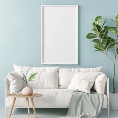Minimalist living room interior with a white sofa. a wooden coffee table. a potted plant. and a blank picture frame on a light blue wall