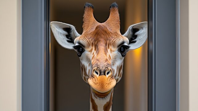 Giraffe is looking at the camera through a window. The giraffe has a long neck and a long, thin face