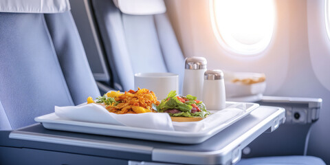 Lunch on the airplane. A tray with food on a folding table in the airplane cabin